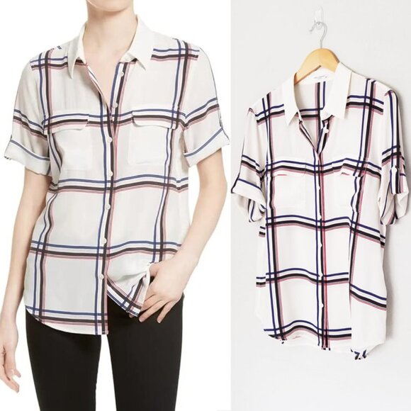 Equipment Femme 100% Silk Short Sleeve Silk Engineered Large Marais Plaid Shirt - Picture 1 of 16